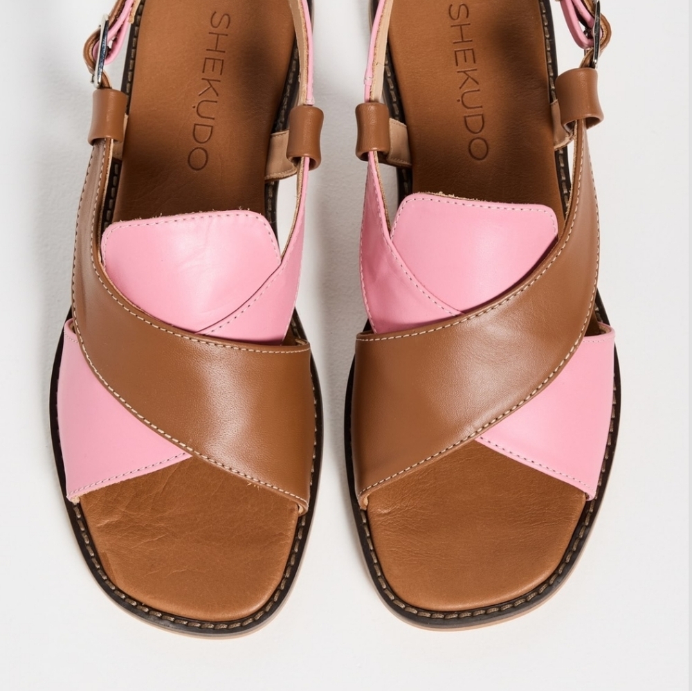 NEW Shekudo Cove Sandals Pink Tan Brown Leather Open Toe Sandals Back Strap - Picture 4 of 8